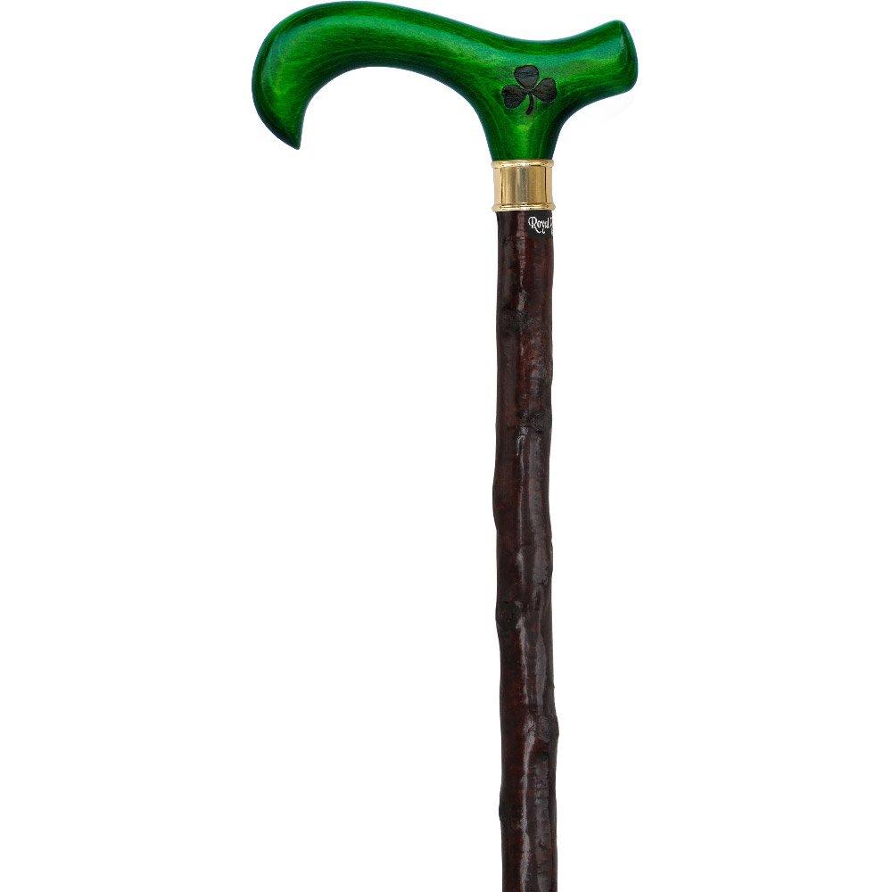 Genuine Blackthorn Wood Derby Walking Cane With Green Beech wood Handle and Shamrock