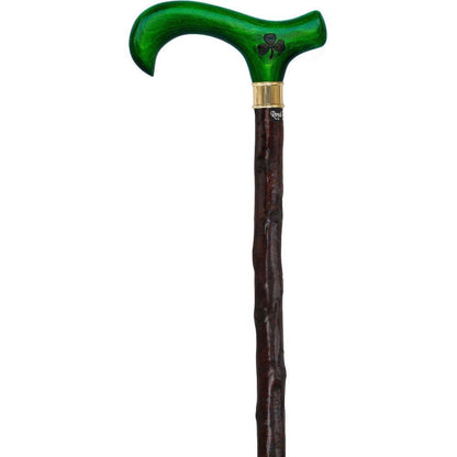 Genuine Blackthorn Wood Derby Walking Cane With Green Beech wood Handle and Shamrock