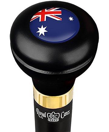 Australia Flag Emblem Flask Walking Stick: Wood Shaft Hidden Flask