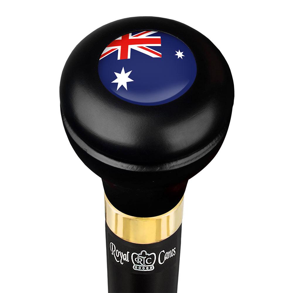Australia Flag Emblem Flask Walking Stick: Wood Shaft Hidden Flask