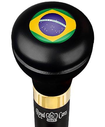 Brazil Flag Emblem Flask Walking Stick: Wood Shaft Hidden Flask