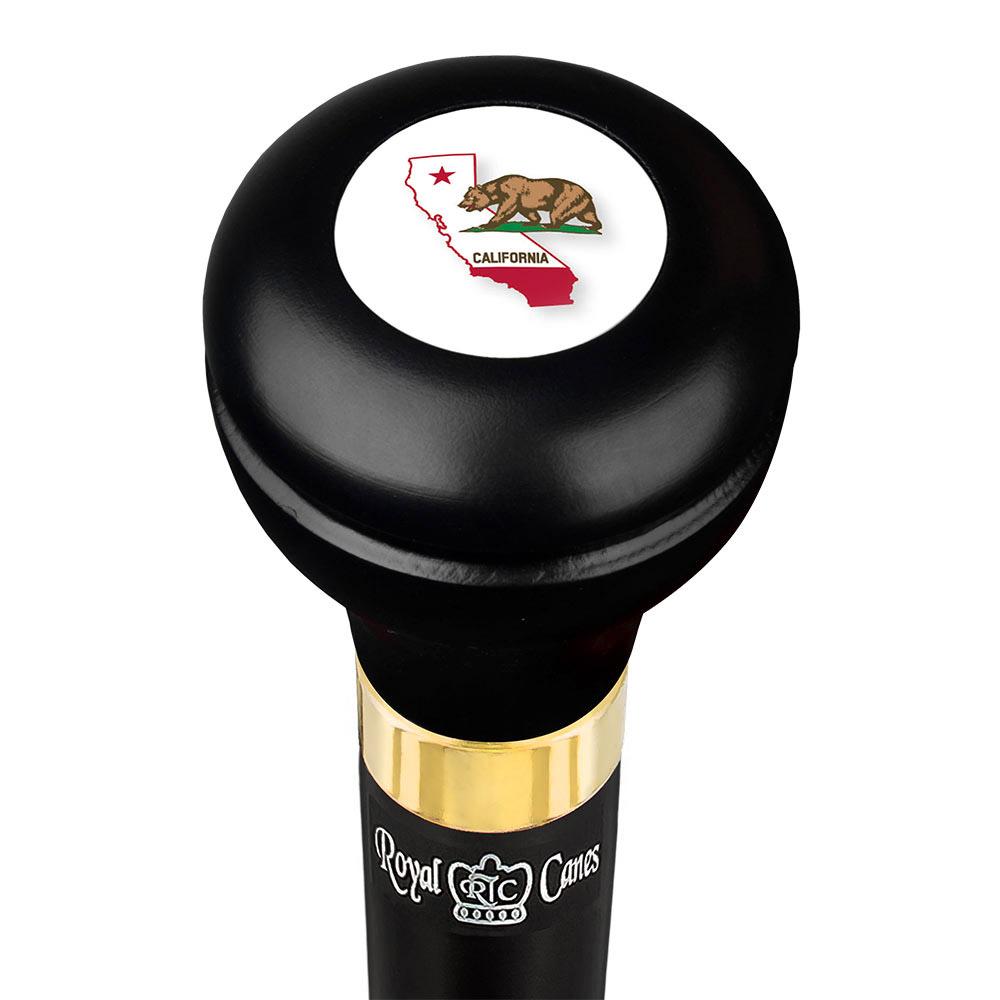 California Flag Emblem Flask Walking Stick: Wood Shaft Hidden Flask