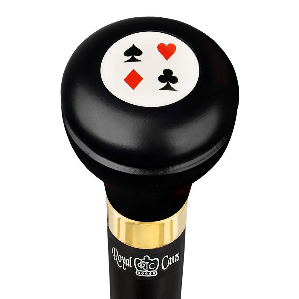 Cards Casino Emblem Flask Walking Stick: Wood Shaft Hidden Flask