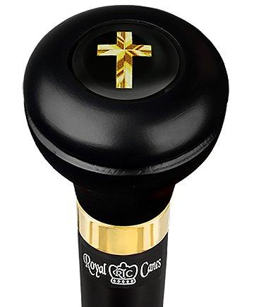 Christian Cross Symbol Flask Walking Stick w/ Black Beechwood Shaft & Pewter Collar
