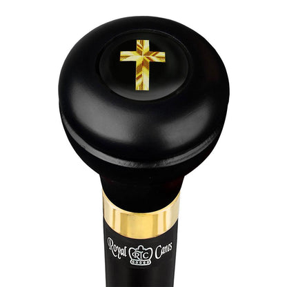 Christian Cross Symbol Flask Walking Stick w/ Black Beechwood Shaft & Pewter Collar