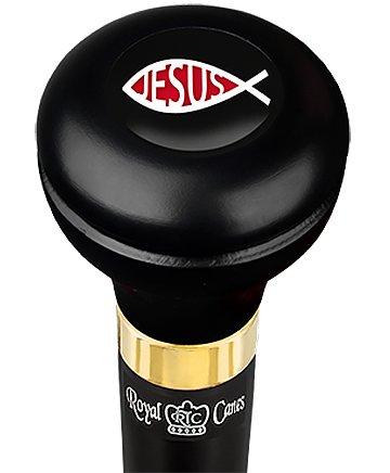 Jesus Fish Symbol Flask Walking Stick w/ Black Beechwood Shaft & Pewter Collar