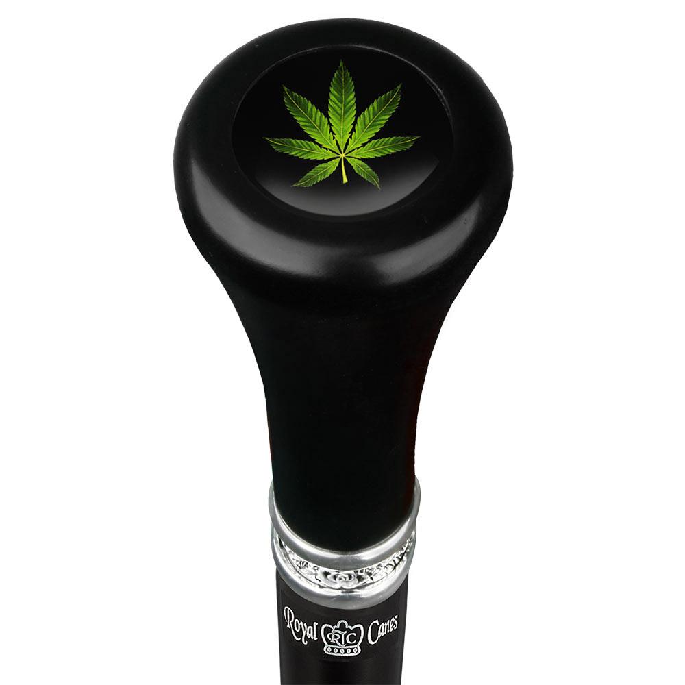 Marijuana Leaf Flat Top Walking Stick w/ Black Beechwood Shaft & Pewter Collar