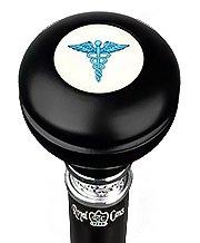 Medical Doctor Caduceus Emblem Flask Walking Stick: Wood Shaft Hidden Flask