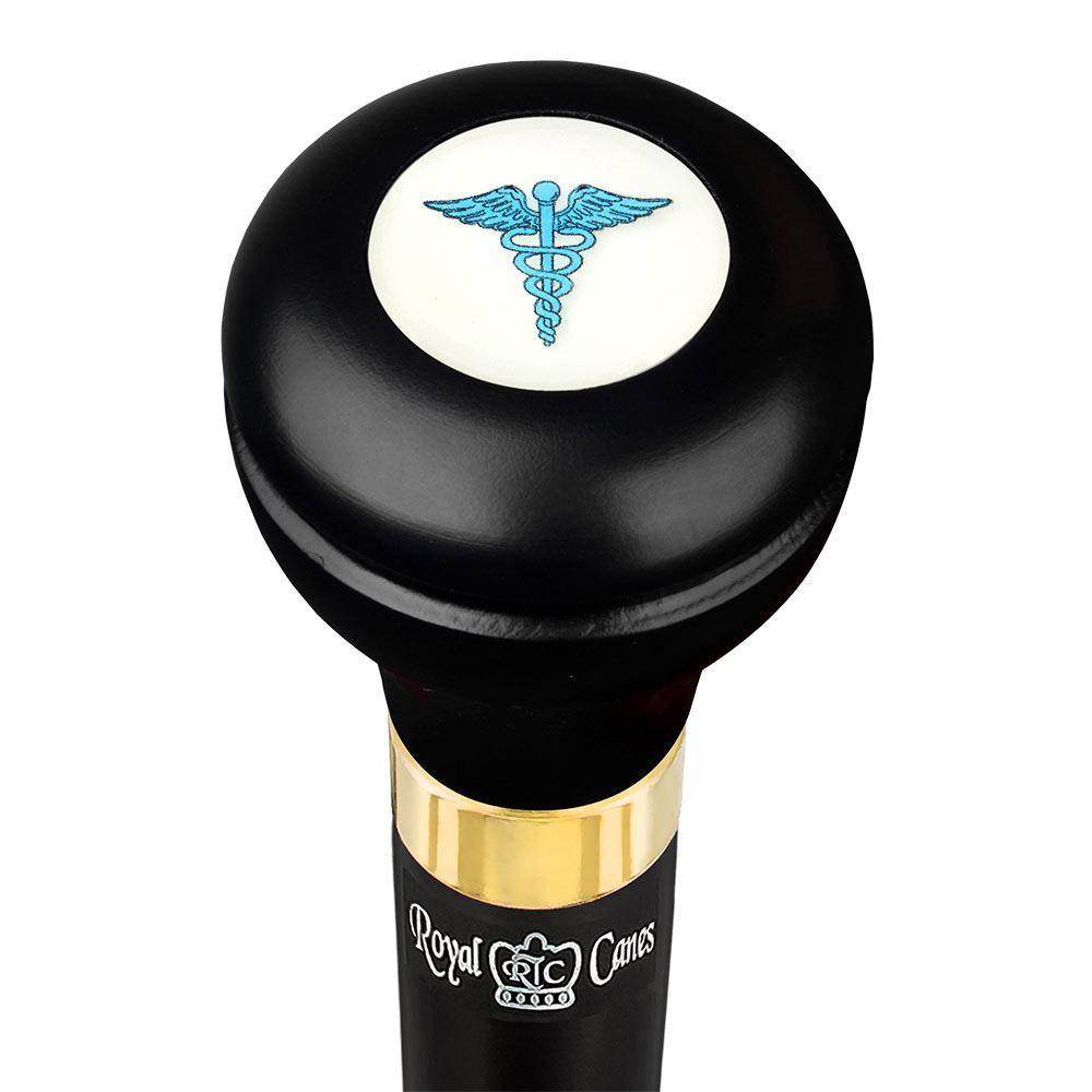 Medical Doctor Caduceus Emblem Flask Walking Stick: Wood Shaft Hidden Flask