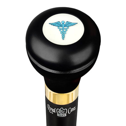 Medical Doctor Caduceus Emblem Flask Walking Stick: Wood Shaft Hidden Flask