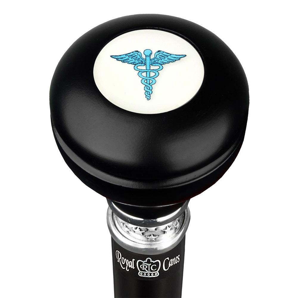 Medical Doctor Caduceus Emblem Knob Stick: Large Knob, Pewter Collar
