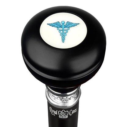 Medical Doctor Caduceus Emblem Knob Stick: Large Knob, Pewter Collar