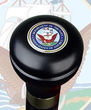 Navy Emblem Flask Walking Stick: Wood Shaft Hidden Flask