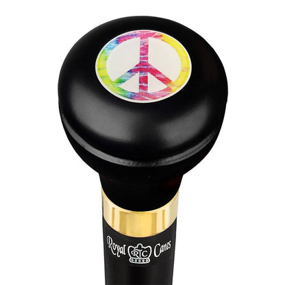 Peace Sign Caduceus Emblem Flask Walking Stick: Wood Shaft Hidden Flask