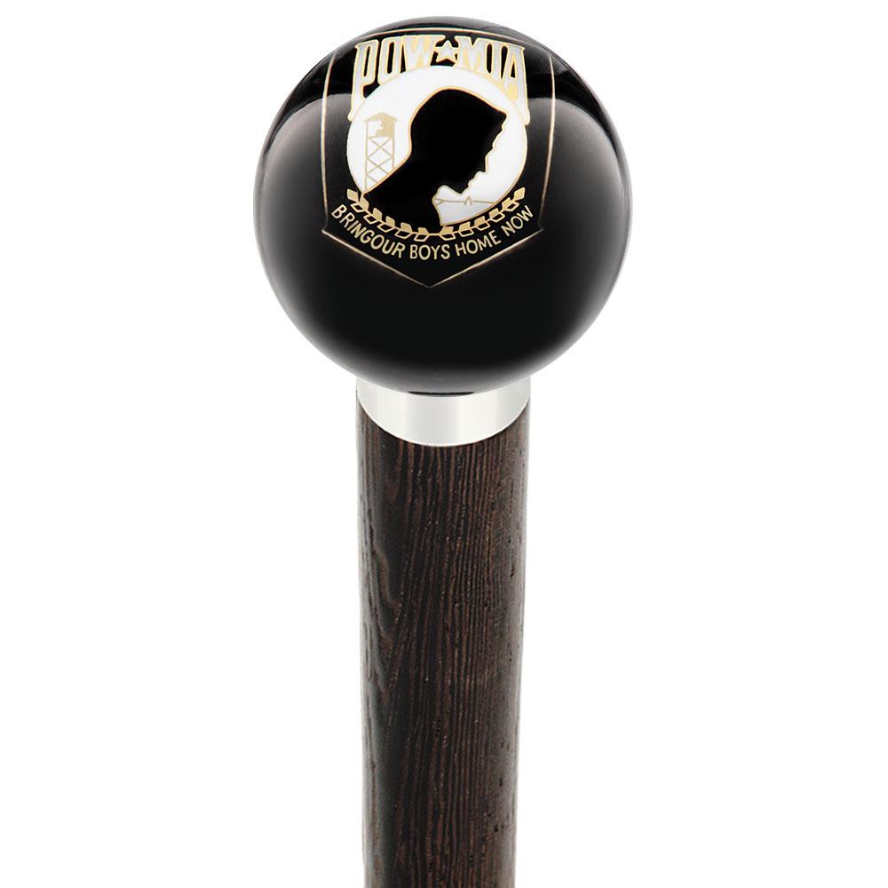 POW-MIA Black Round Knob Cane w/ Custom Wood Shaft & Collar