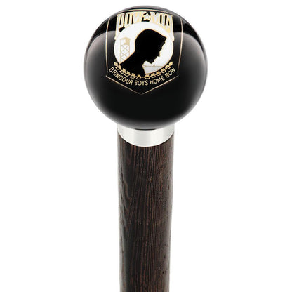 POW-MIA Black Round Knob Cane w/ Custom Wood Shaft & Collar
