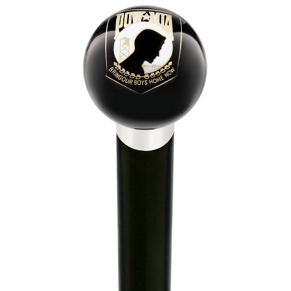 POW-MIA Black Round Knob Cane w/ Custom Wood Shaft & Collar
