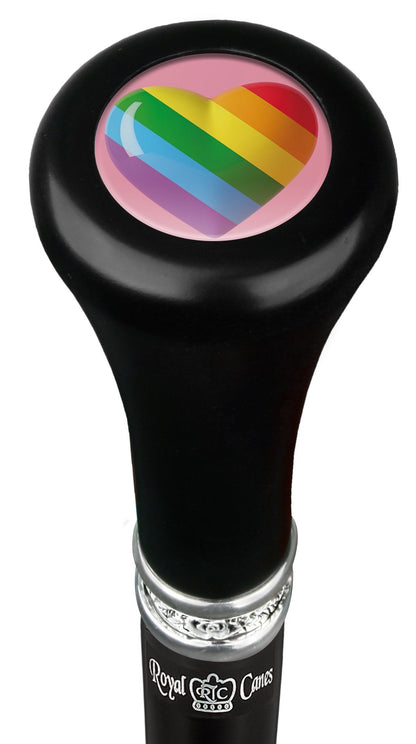 Rainbow Pride Heart Flat Top Walking Stick w/ Black Beechwood Shaft & Pewter Collar