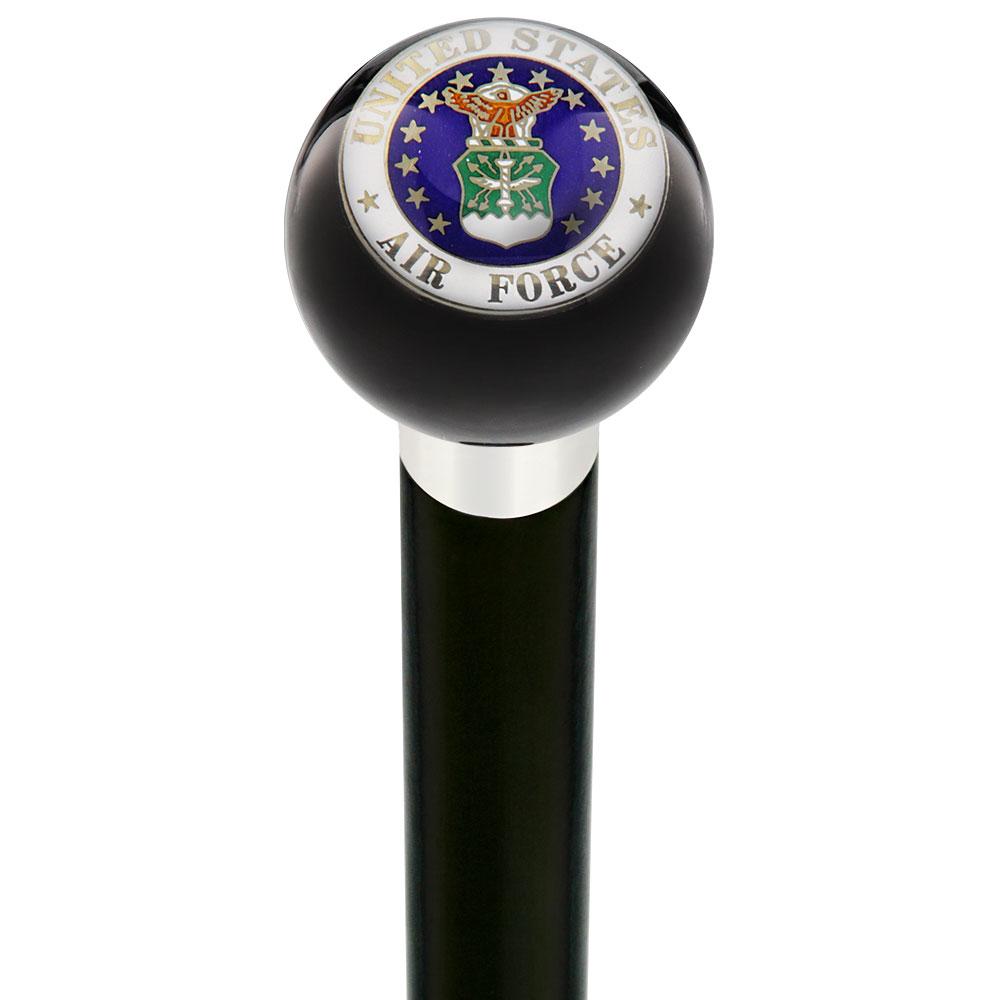 U.S. Air Force Black Round Knob Cane w/ Custom Wood Shaft & Collar