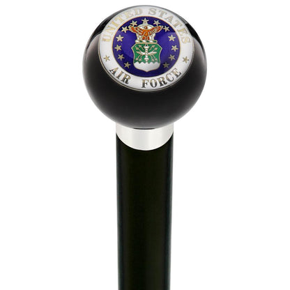 U.S. Air Force Black Round Knob Cane w/ Custom Wood Shaft & Collar