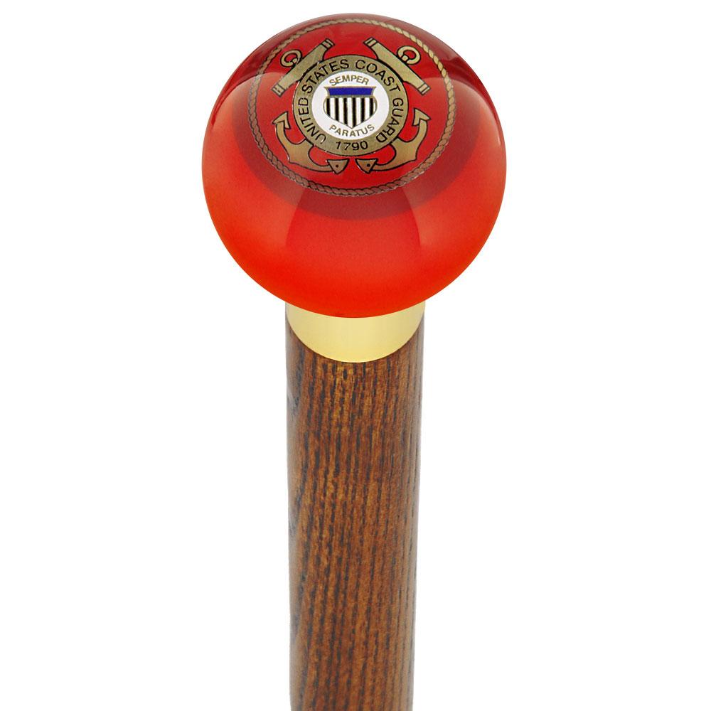 U.S. Coast Guard Red Round Knob Cane w/ Custom Wood Shaft & Collar