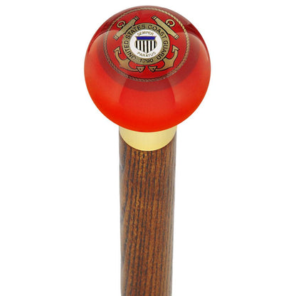 U.S. Coast Guard Red Round Knob Cane w/ Custom Wood Shaft & Collar