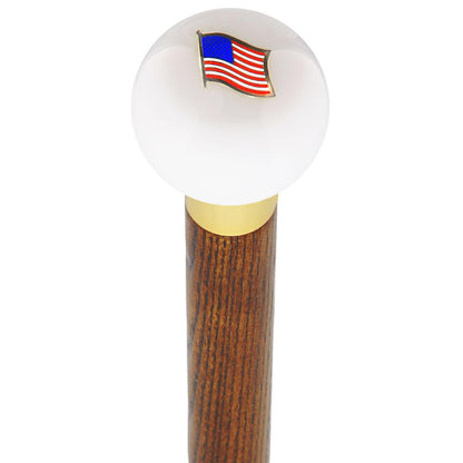 USA Flag White Round Knob Cane w/ Custom Wood Shaft & Collar