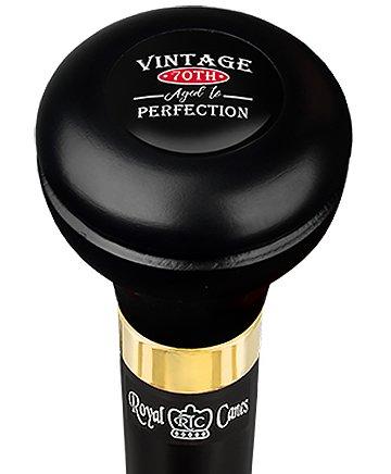 Vintage 70th Birthday Symbol Flask Walking Stick w/ Black Beechwood Shaft & Pewter Collar