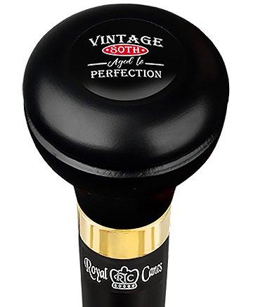 vintage 80th Birthday Symbol Flask Walking Stick w/ Black Beechwood Shaft & Pewter Collar