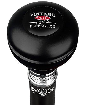 Vintage 90th Birthday Symbol Knob Walking Stick w/ Black Beechwood Shaft & Pewter Collar