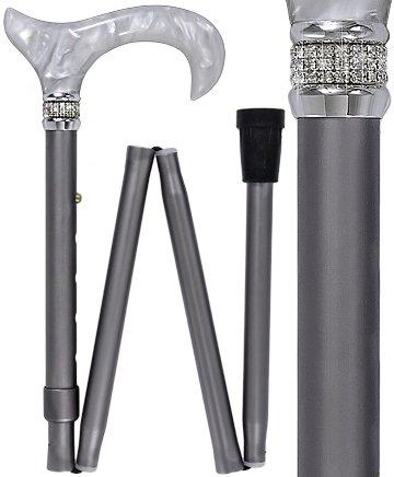 Platinum Pearlz w/Rhinestone collar and Silver shaft Designer Adjustable Orthopedic Folding Cane