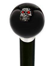 Dreary Red Eyed Skull Black Round Knob Cane w/ Custom Wood Shaft & Collar