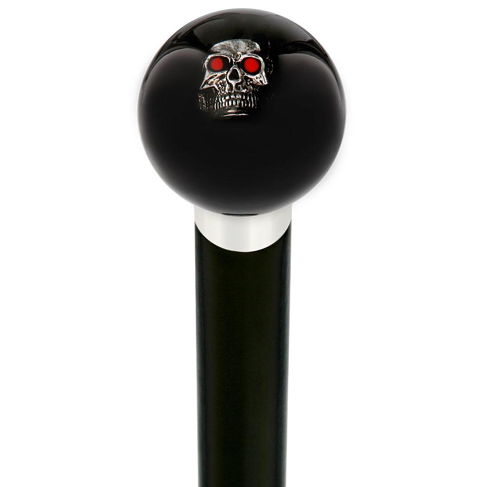 Dreary Red Eyed Skull Black Round Knob Cane w/ Custom Wood Shaft & Collar