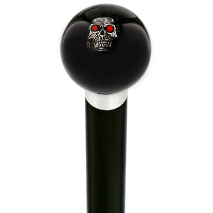 Dreary Red Eyed Skull Black Round Knob Cane w/ Custom Wood Shaft & Collar