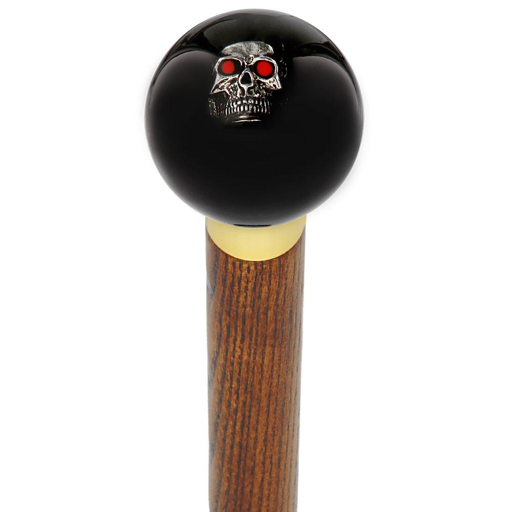 Dreary Red Eyed Skull Black Round Knob Cane w/ Custom Wood Shaft & Collar