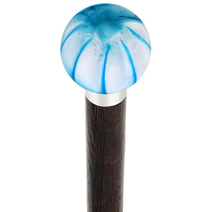 Splash of Blue on Pearl Round Knob Cane w/ Custom Wood Shaft & Collar