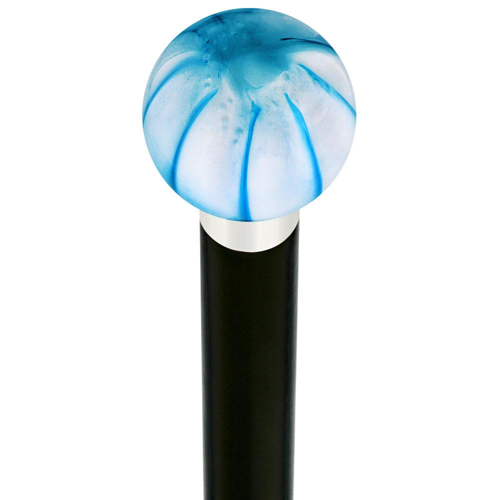 Splash of Blue on Pearl Round Knob Cane w/ Custom Wood Shaft & Collar
