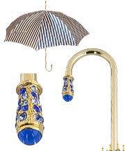 Gold Plated Tourist Handle Blue and Cream Striped Umbrella Cane