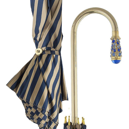 Gold Plated Tourist Handle Blue and Cream Striped Umbrella Cane