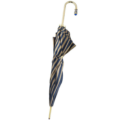 Gold Plated Tourist Handle Blue and Cream Striped Umbrella Cane