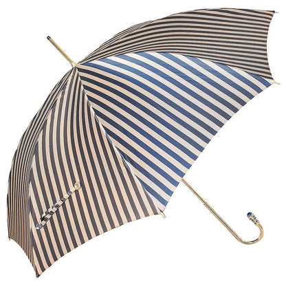 Gold Plated Tourist Handle Blue and Cream Striped Umbrella Cane