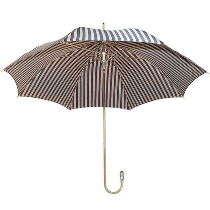 Gold Plated Tourist Handle Blue and Cream Striped Umbrella Cane