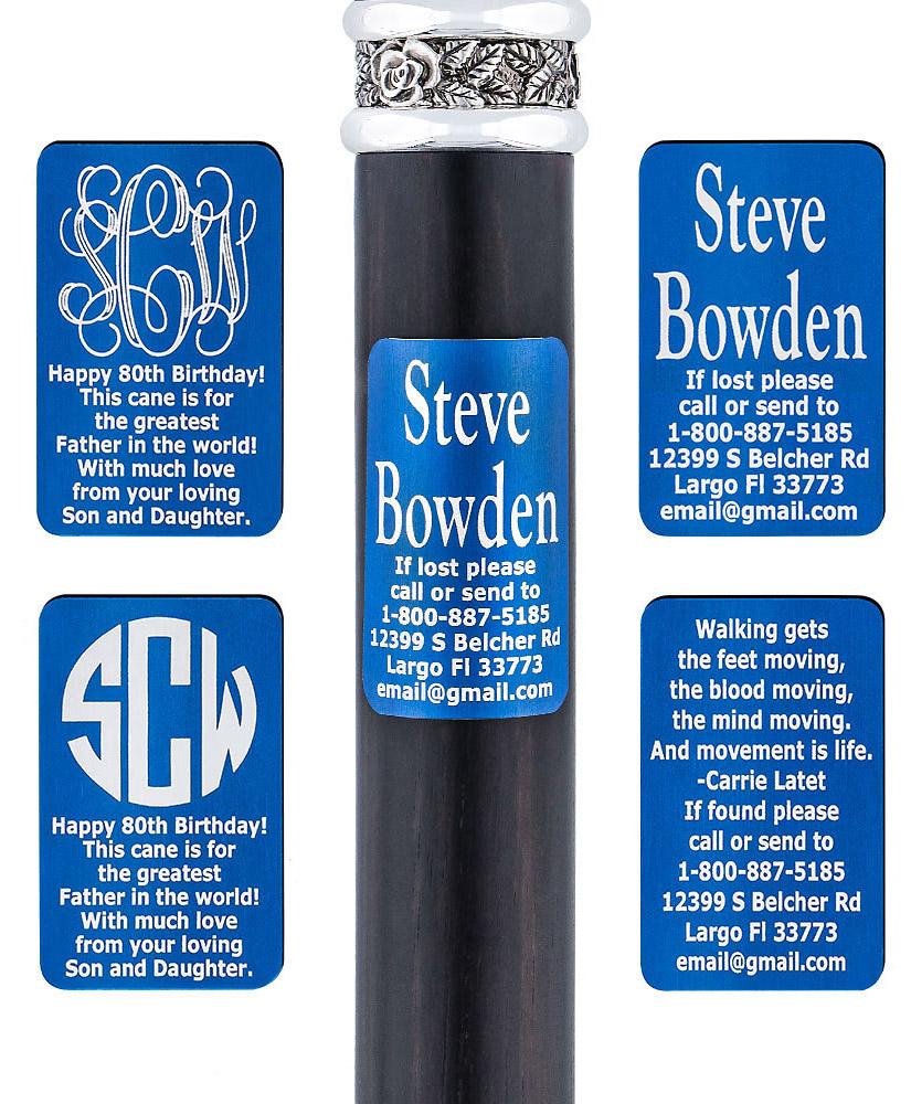 Custom Cane Engraving - Rectangle Blue Anodized Aluminum