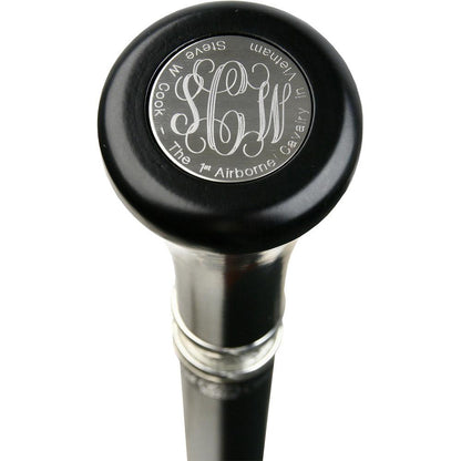 Personalized Stainless Steel Flat-Top Knob Cane: Black Wooden Shaft