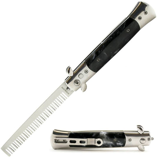 Automatic Push Button Folding Comb Switchblade Knife Black Pearl Handle