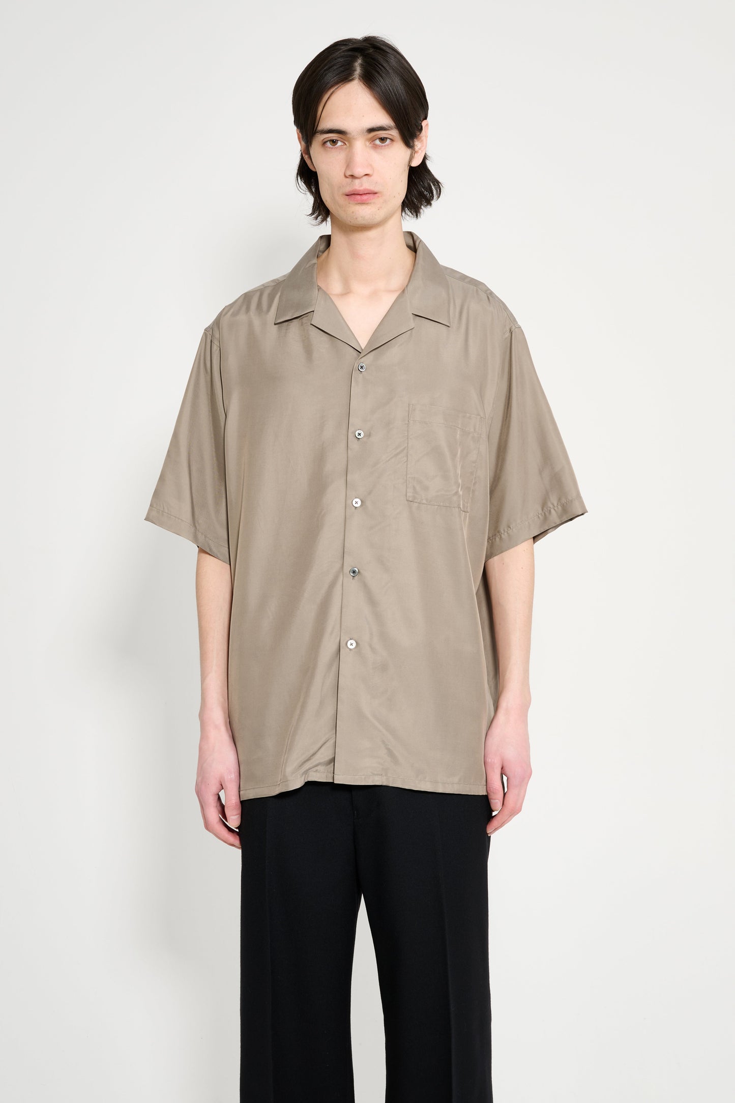 ssstein Cupro Twill Oversized Open Collar SS Shirt Taupe