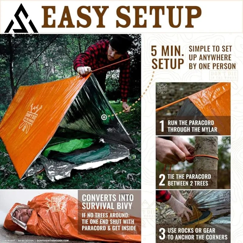 GS249-Ultralight Survival Tent • 2 Person Mylar Emergency Shelter Tube Tent + Paracord