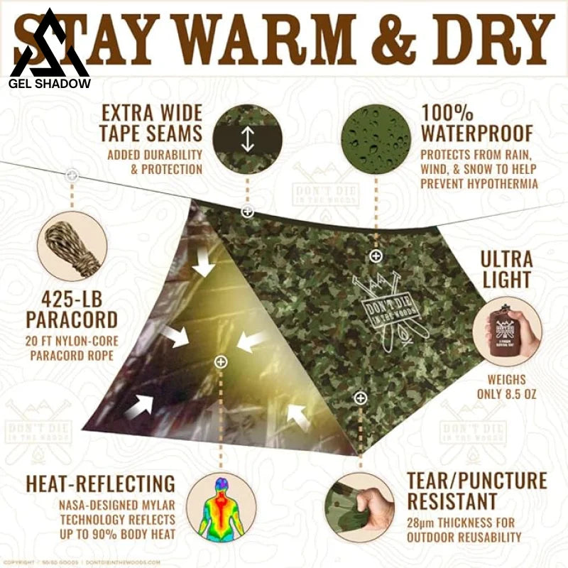GS249-Ultralight Survival Tent • 2 Person Mylar Emergency Shelter Tube Tent + Paracord
