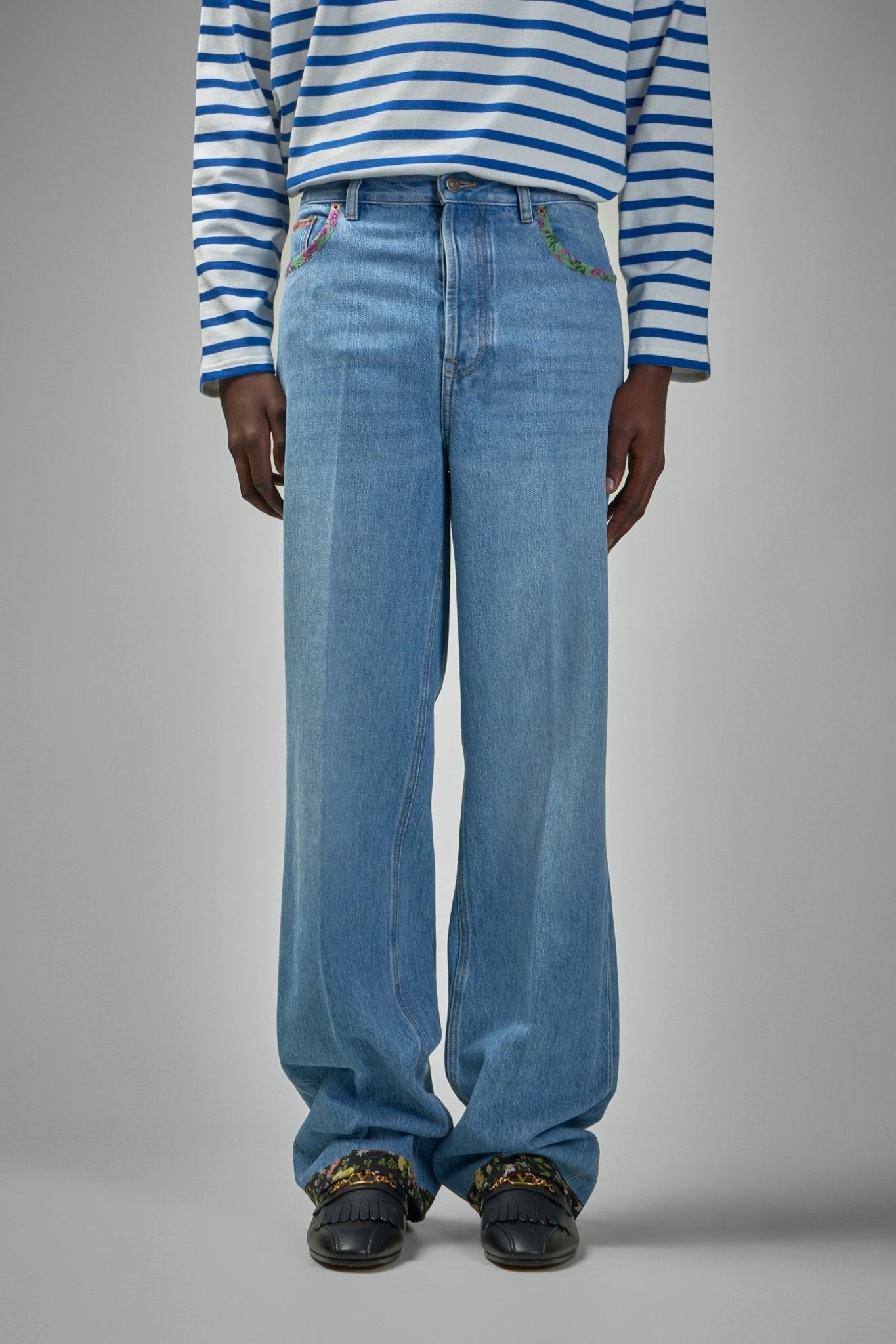 Denim Trousers with Floral Print Hem