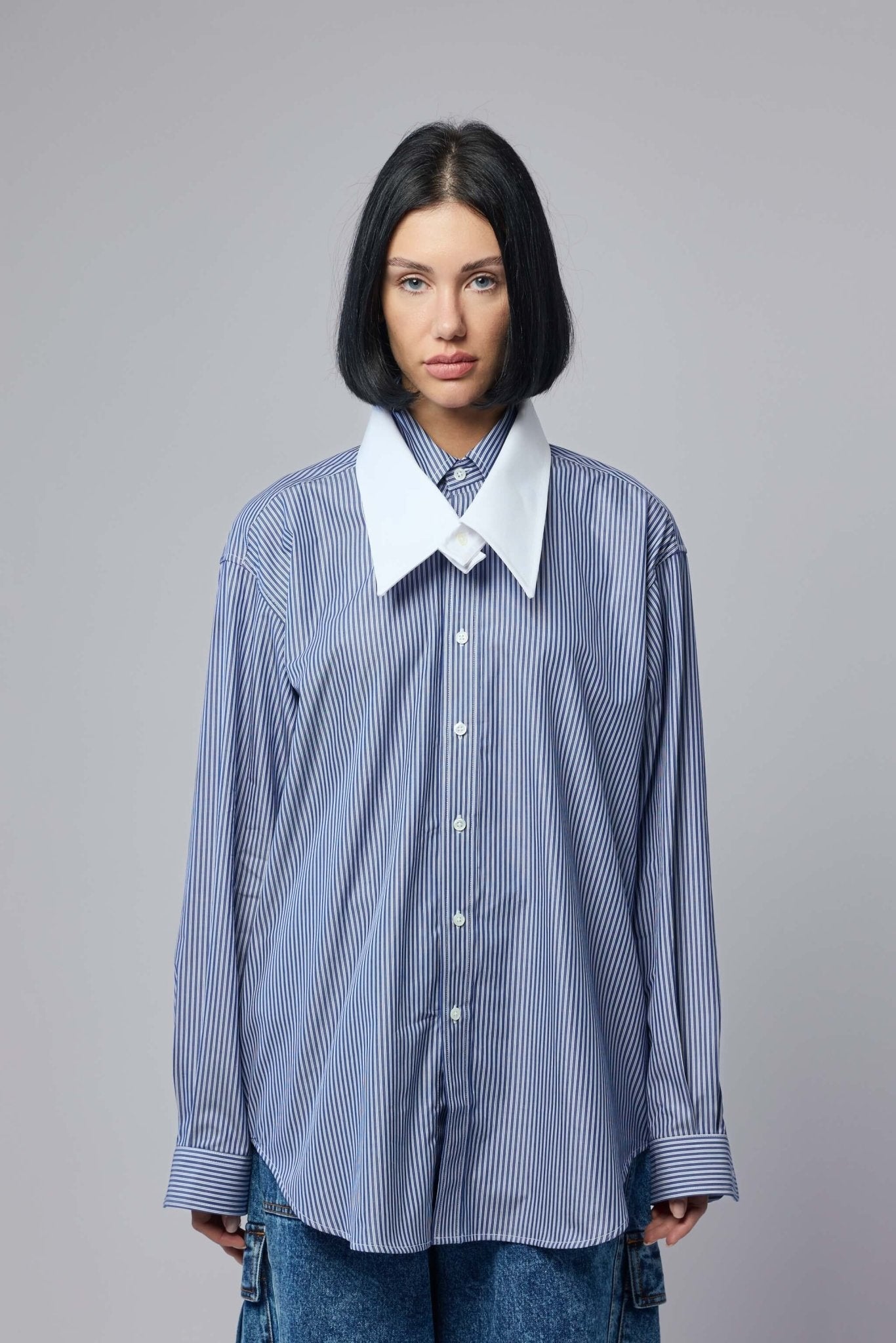 Women Striped Fly Away Collar Button Down Woven